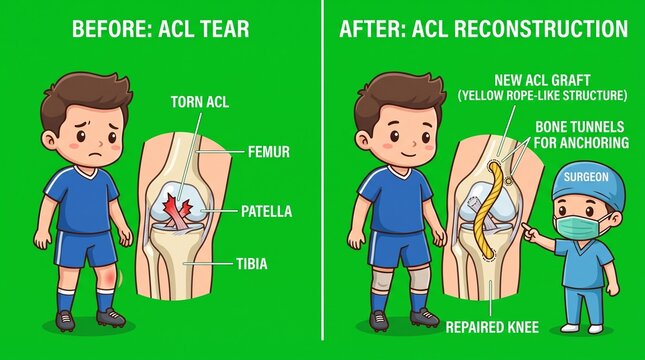 Medical illustration showing ACL tear before and after surgical reconstruction procedure.