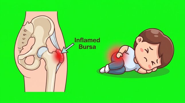 Medical illustration of hip bursitis showing inflamed bursa and person with hip pain
