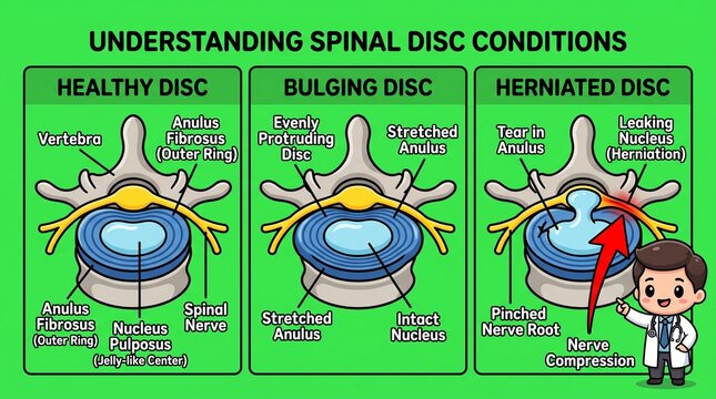 Medical illustration comparing healthy, bulging, and herniated spinal discs with anatomy.