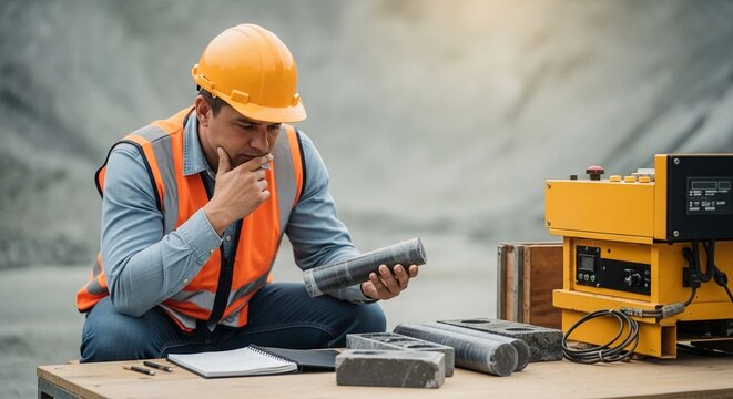 Mining engineer in orange vest and hardhat examining geological sample with thoughtful expression outdoors