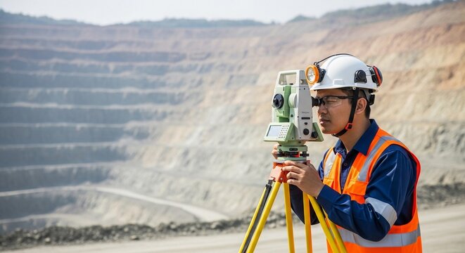 Mining engineer using a surveying instrument to check slope at an open-pit mine.