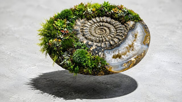 Floating circular sculpture combining ammonite fossil, crystal agate geode, and miniature moss garden on grey background