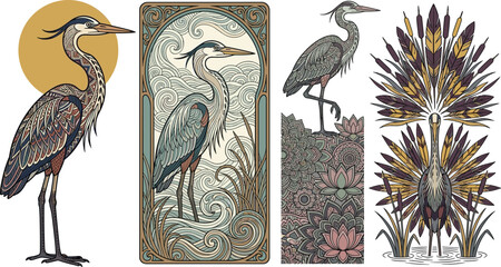 Naklejka premium Decorative Heron Bird Illustration Collection with Ornamental Feathers, Water Plants, Floral Patterns, Vintage Frames, and Elegant Nature Artwork