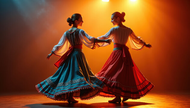 Folk dancers in colorful flowing skirts performing traditional duet on stage with warm spotlight and theatrical smoke,