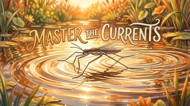 Water strider insect on water surface with ripples, pond with reeds and lily pads, text 'Master the Currents'