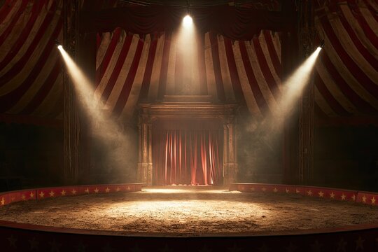 Spotlighted circus ring with red and white striped canopy, dusty arena