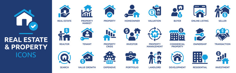 Naklejka premium Real Estate and Property Investment Icons Set. Property Market, Realtor, Homeowner, Valuation, Investor, Tenant, Landlord, Residential and Commercial Property Solid Vector Icons Collection