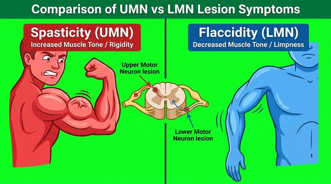 Medical infographic comparing spasticity and flaccidity in UMN and LMN motor neuron lesions.