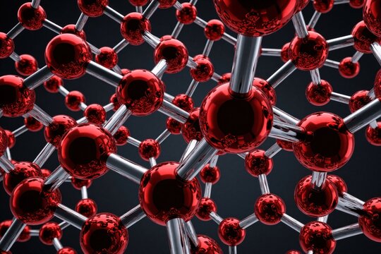 Close-up view of red metallic spheres linked by silver rods forms a complex molecular structure. This scientific illustration suggests chemistry and network connections.