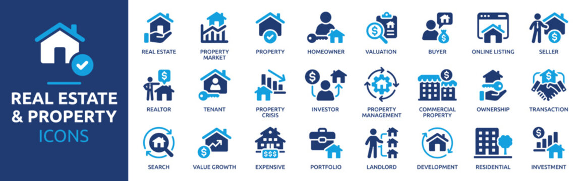 Real Estate and Property Investment Icons Set. Property Market, Realtor, Homeowner, Valuation, Investor, Tenant, Landlord, Residential and Commercial Property Solid Vector Icons Collection