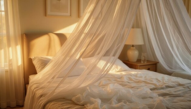 Close-up of a white mosquito net elegantly draped over a bed in a cozy room, soft golden morning sunlight filtering through, peaceful and safe concept, UHD