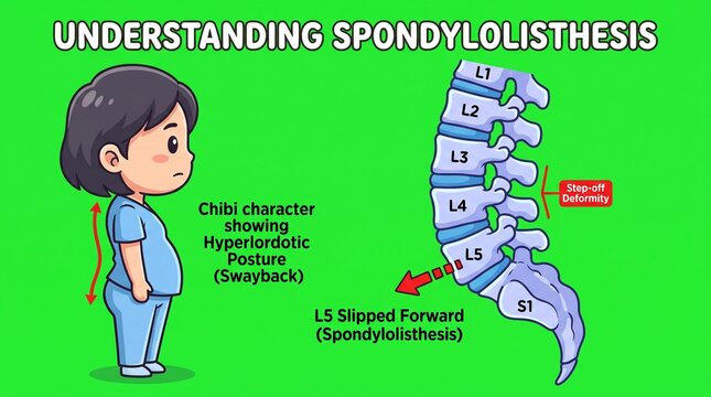Medical illustration of spondylolisthesis showing L5 vertebra slipping forward on spine