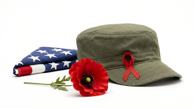 Military cap with red poppy flower and folded american flag for memorial day remembrance