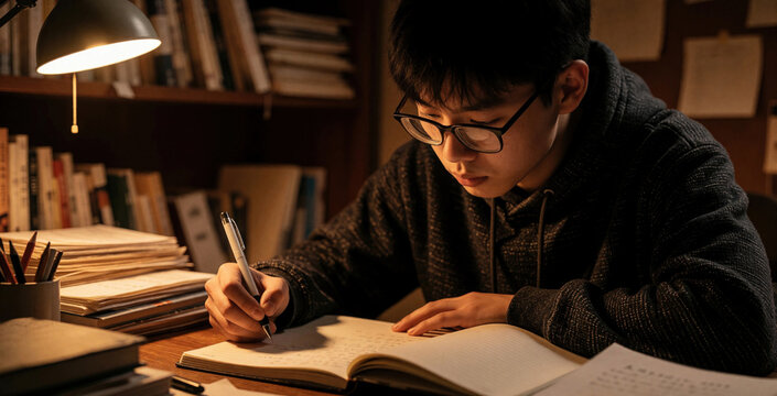 Young Asian student studies hard at home office desk at night. Male learner writes notes in notebook using pen under warm lamp light. Focused person prepares for exam homework in cozy room with many