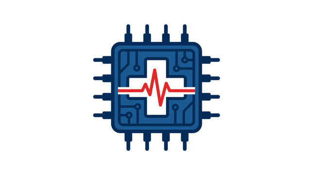 A square blue computer processor chip icon featuring a white medical cross and a red heartbeat line