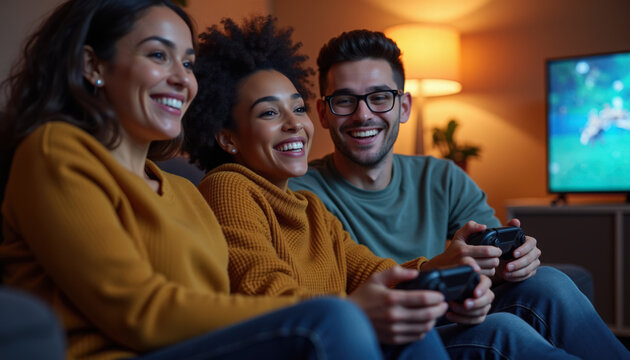 friends gaming with joyful young adults on couch holding controllers, smiling and leaning forward while playing multiplayer console game, diverse group laughing in cozy living room lighting,