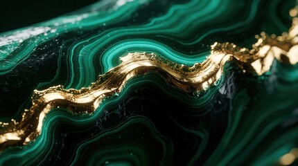 Obraz premium Abstract emerald green malachite texture with luxury gold veins. Fluid wavy lines create organic marble pattern. Shiny metallic gold liquid flows through dark green stone layers. Elegant mineral