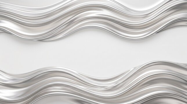 Abstract white and silver wavy lines framing a central empty space background with white waves
