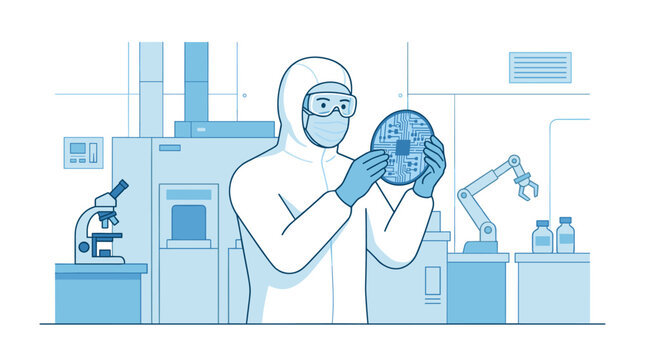 A technician in protective gear inspects a silicon wafer in a high-tech laboratory environment