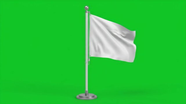 White flag waving on a flagpole against a vibrant green screen background, signifying surrender or peace.