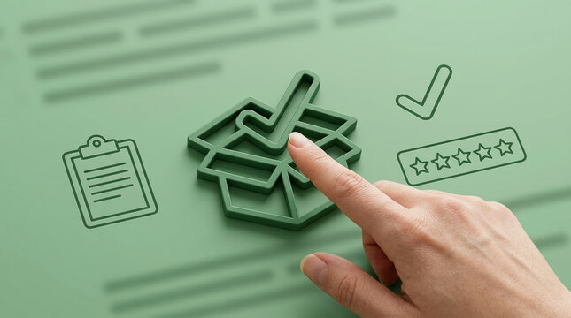 Human hand interacting with green digital icons representing quality assurance product checkmark box star rating and clipboard feedback interface