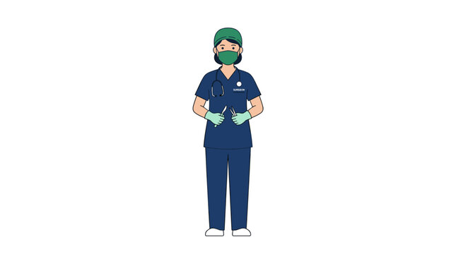 A female surgeon in blue scrubs, surgical mask, and cap, holding instruments against white background