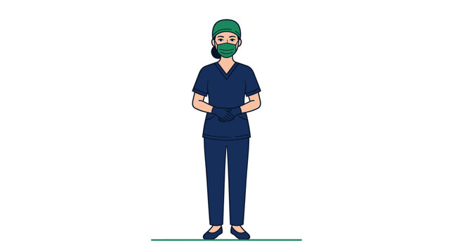 A professional female surgeon wearing scrubs, a cap, and a mask stands calmly in a flat illustration