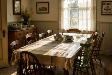 Fototapeta premium Sunlit boardinghouse dining room with pine table, mismatched chairs, ceramic teapot, lace curtain, homely atmosphere