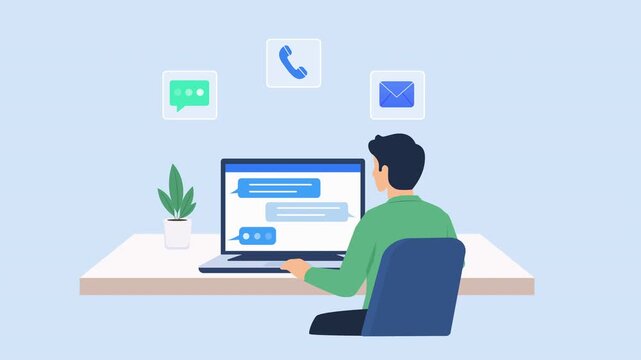Modern flat vector animation showing a person working on a laptop with a customer support interface and floating chat, phone, and email icons, representing communication, online support, and digital s