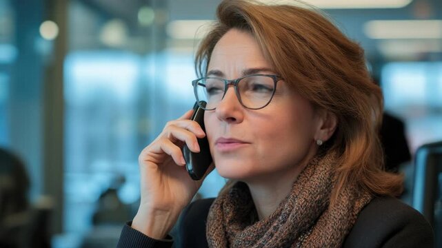 Woman with Glasses and Knit Scarf Talking on Smartphone in Train Station