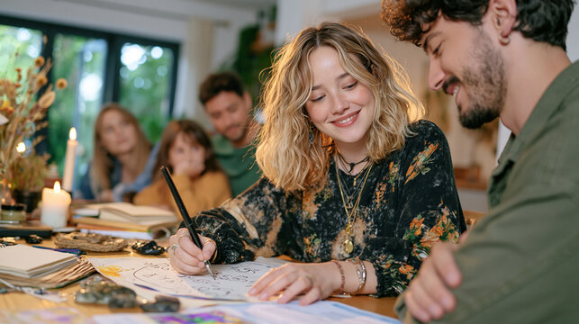 A numerology practitioner at a modest home desk arranges handwritten number charts and symbolic stones while a family of three watches with quiet curiosity, the warm domestic setting layered with jo