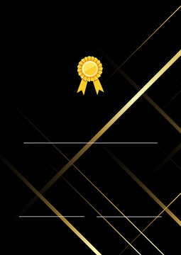 Elegant black certificate template with intersecting gold geometric lines, a golden award ribbon, and clean spaces for prestigious recognition.
