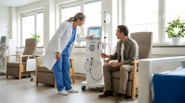 Patient receiving dialysis treatment under nurse supervision in hospital.