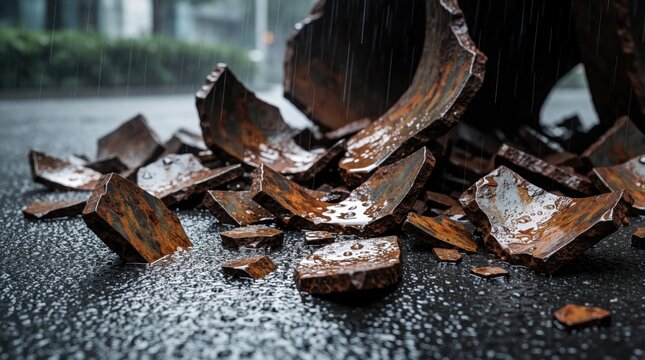 Broken rusty metal fragments lie on wet asphalt during rain. Textured debris pieces show decay and wear. Artistic composition suggests urban ruin or industrial decline.