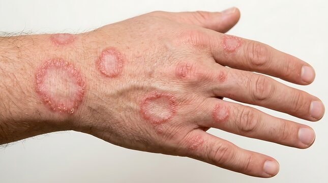 Close up of a human hand showing red ring shaped skin lesions indicative of a dermatological condition