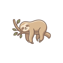 Naklejka premium Cute Sloth Sleeping on a Tree Branch with Leaves, Vector Illustration, Whimsical Character Design