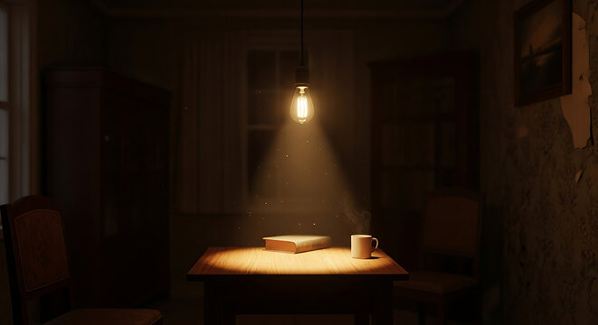Warm lamp lighting empty wooden table at night