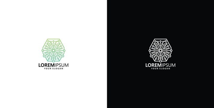 Green hexagonal abstract mandala logo design template vector illustration with line art style on black and white background