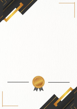Elegant white certificate template with black and gold geometric corner accents, a central gold award seal, and clean lines for formal text.