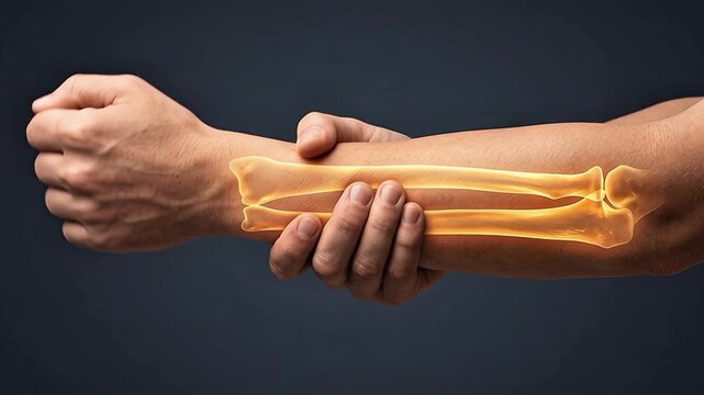 Medical visualization of a man holding his aching forearm with an anatomical overlay of glowing radius and ulna bones against a dark background.