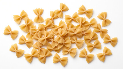 Obraz premium Photorealistic assortment of dry farfalle bowtie pasta pieces scattered naturally, warm golden-beige color, delicate ridged center folds and detailed semolina texture