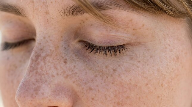 Extreme close up of a young woman with natural freckles on her nose and cheeks with closed eyes