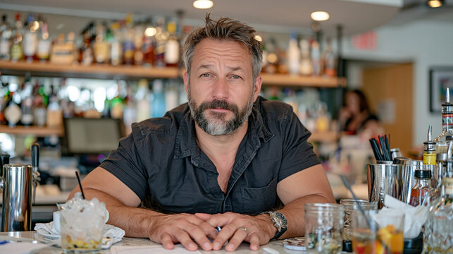 Cocktail bartender in a hospital staff recreation lounge presses his hands flat on the counter in close up as he navigates a temperature excursion crisis involving refrigerated cocktail ingredients,