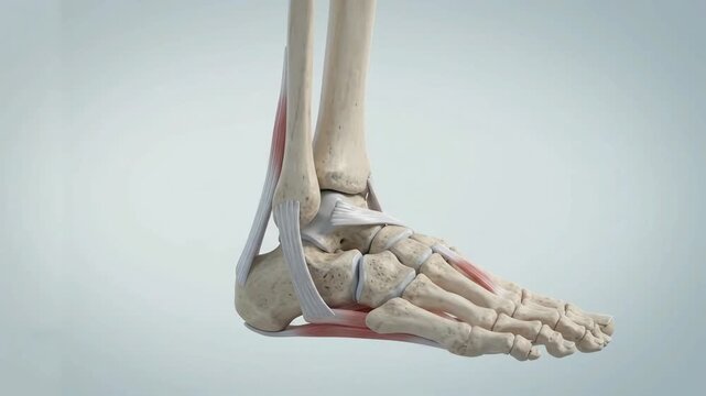 Detailed 3D anatomical model of a human foot showing the ankle joint, ligaments, and complex bone structure