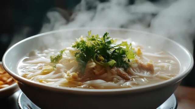 Steaming bowl of hot ramen noodles with green garnish