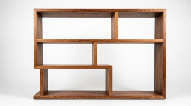 Modern wooden shelving unit with varied compartments. Stylish minimalist furniture offers ample display space. Brown wood bookcase fits contemporary home interiors.