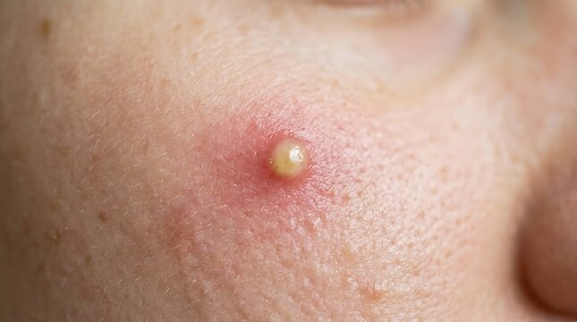Close up of a painful inflamed pimple with a whitehead on a person skin texture