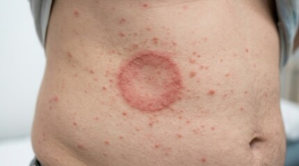 Fototapeta premium Close up view of a child skin showing ringworm fungal infection and red rash on the abdomen