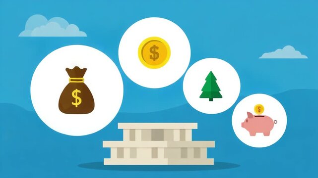 Financial Planning Concept with Bank Building, Money Bag, Coins, Savings Piggy Bank and Investment Symbols