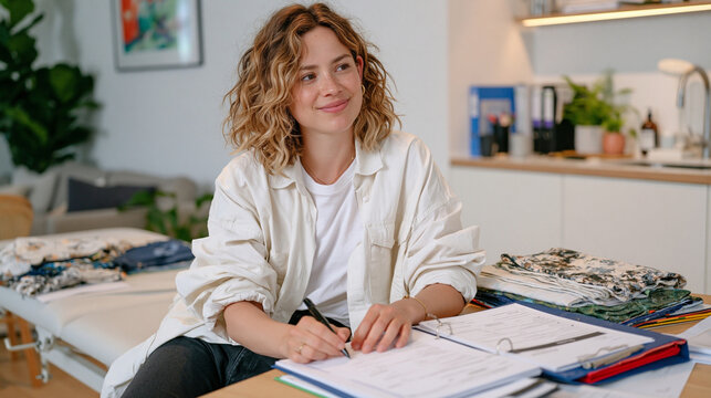 Midwife in a minimalist clinical studio reviews international shipping documentation for imported birthing equipment, wide establishing shot showing folded birth kits, customs binders, and certifica